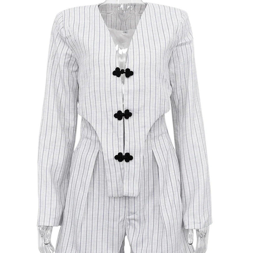 Clacive Fashion Stripe Print 2 Piece Sets Women Elegant Slim Long Sleeve Irregular Top With High Waist Shorts Set Streetwear