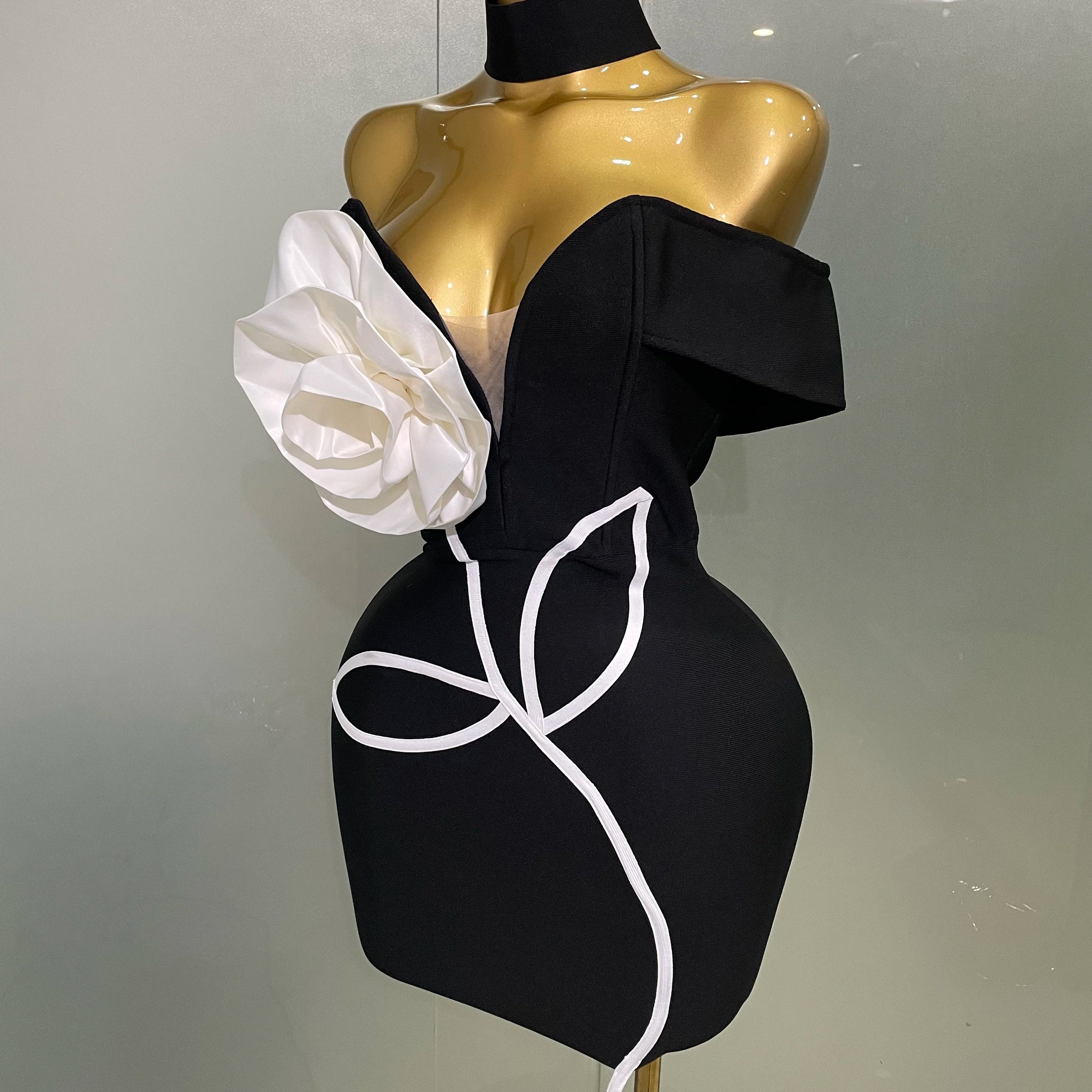 Women 2025 New Sexy Off Shoulder White Flower Black Mini Bodycon Bandage Dress Luxury Celebrity Evening Club Elegant Party Gowns