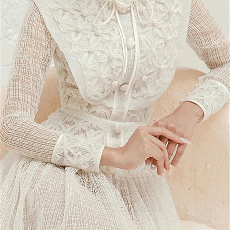 Autumn Spring Boho Elegant Party Luxury Dresses Women Dress Embroidery Lace Runway Vintage High Waist Long Sleeve Vestido