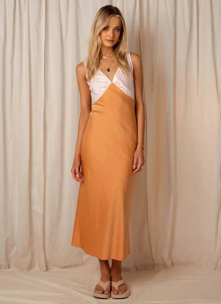 Floral Print Female Long Dress High Waist Lace-up V-neck Slim Sleeveless Fashion Sundress Casual Summer Dress Vestido Robe 618 orange