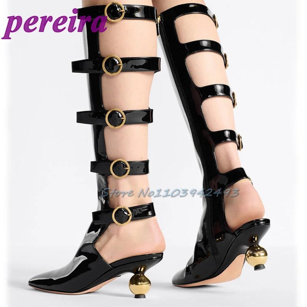 Multi Buckle Strap Heels Strange Style Women Summer Boots Metal Decor Heeled Sandals Square Toe Patent Leather Hollow Sandalias