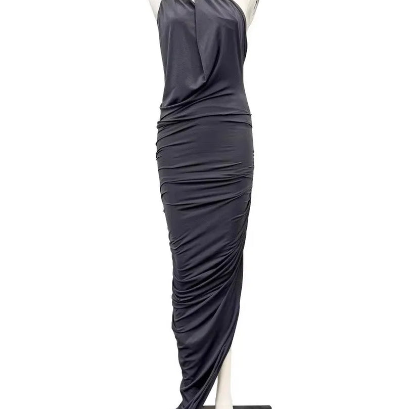 Solid Slimming Spliced Folds Irregular Dresses for Women Diagonal Collar Sleeveless Split Dress Femlae Clothing New GRAY