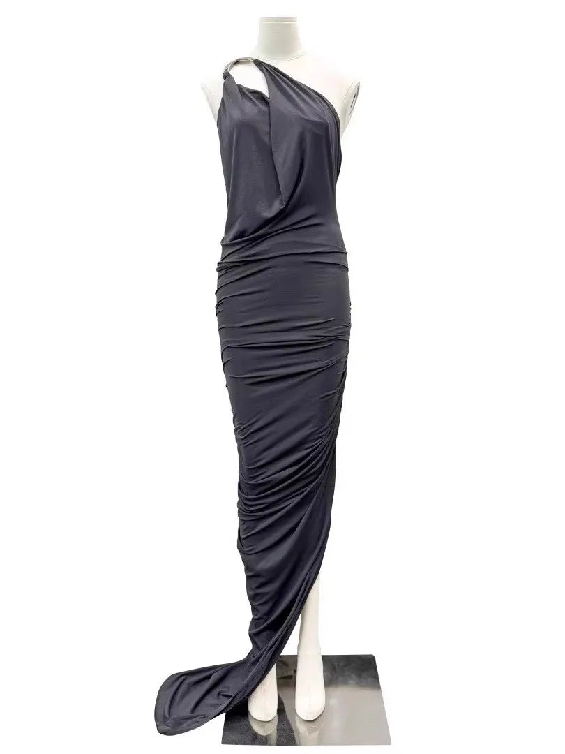 Solid Slimming Spliced Folds Irregular Dresses for Women Diagonal Collar Sleeveless Split Dress Femlae Clothing New GRAY