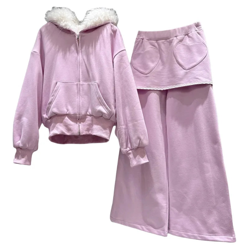 Winter New Sweet Furry Lined Hooded Sweatshirt For Women Elastic Waist Heart Pattern Fleece Long Casual Pants 11A07893