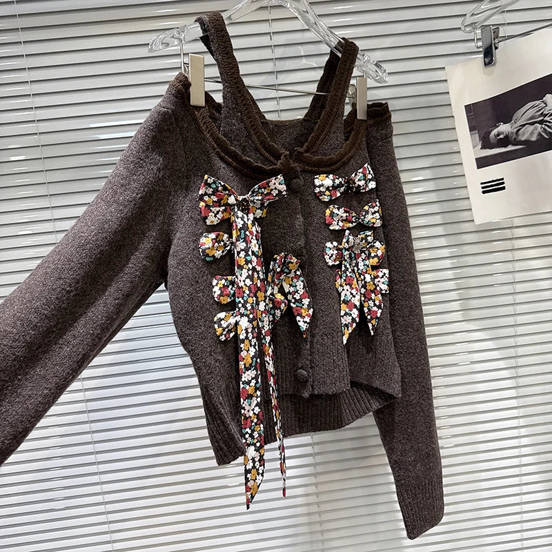 Winter New Fashion Colorful Floral Bow Tie Halter Neck Knitted Sweater For Women Versatile Pullover Female 11A07685