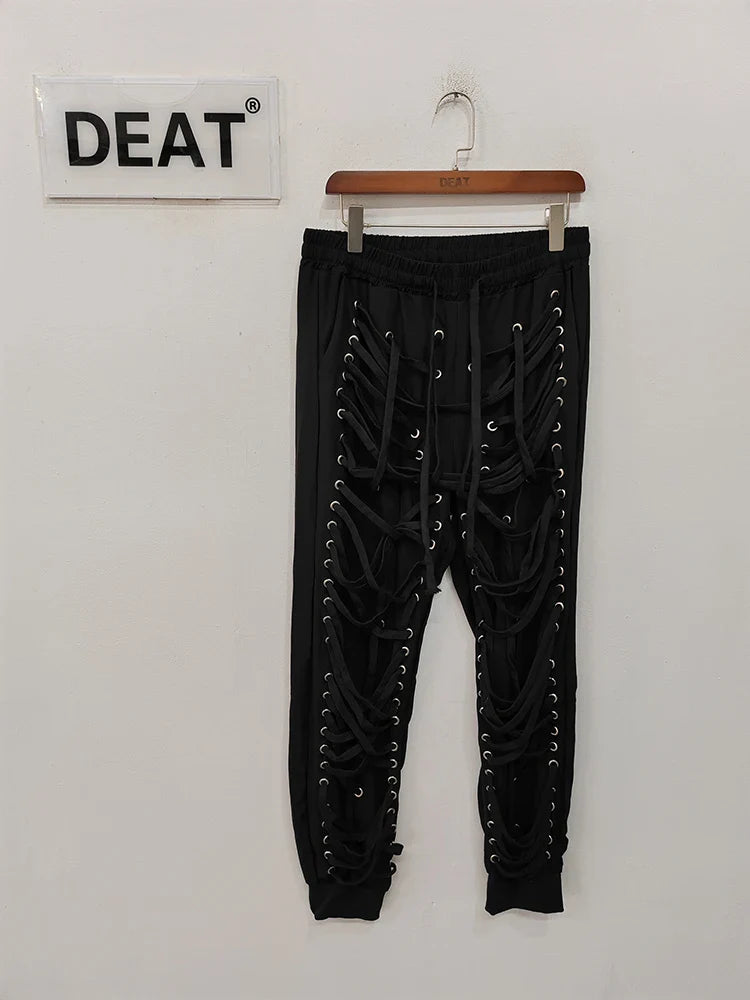 DEAT Autumn Elastic Drawstring Cross Full Length Slim Feet High Street Pants Trousers And Single Breasted jackets WN151 black