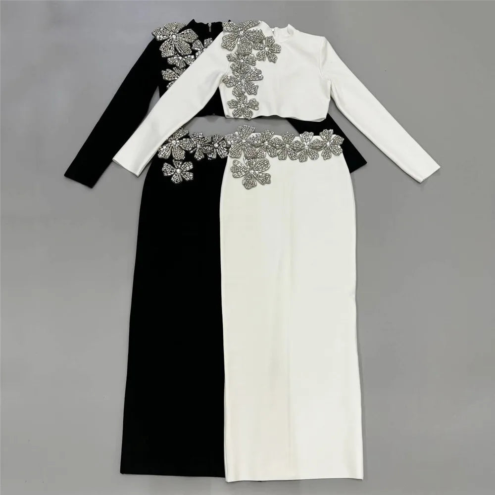 Black Color Women Long Sleeve Sexy Diamond Flowers 2 Pieces Bodycon Long Bandage Dress Celebrate Nightclub Party Outfit Vestido WHITE