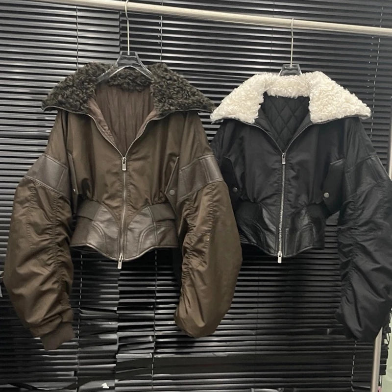 Autumn Winter New Patchwork Leather Waist-Cinching Cotton Jacket For Women Elegant Fur Collar Short Coat 11A07569