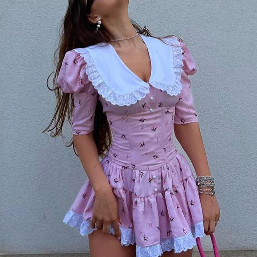 Clacive Summer Slim Print Women'S Dress Bodycon Doll Collar Short Sleeve Mini Dresses Elegant Lace Patchwork Female Dress Pink