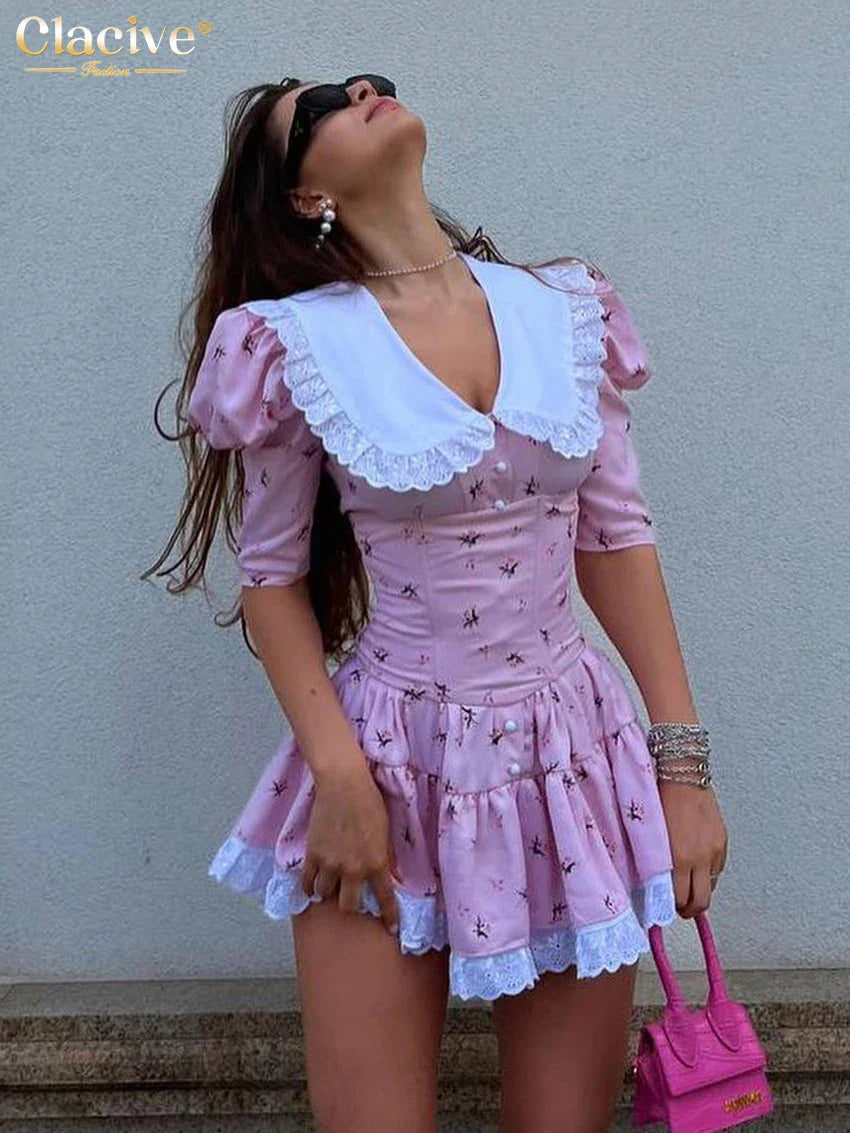 Clacive Summer Slim Print Women'S Dress Bodycon Doll Collar Short Sleeve Mini Dresses Elegant Lace Patchwork Female Dress Pink