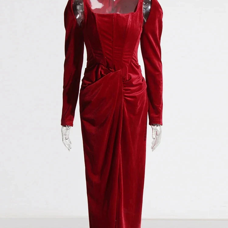 Solid Patchwork Folds Elegant Dresses For Women Square Collar Long Sleeve High Waist Split Slimming Dress Female