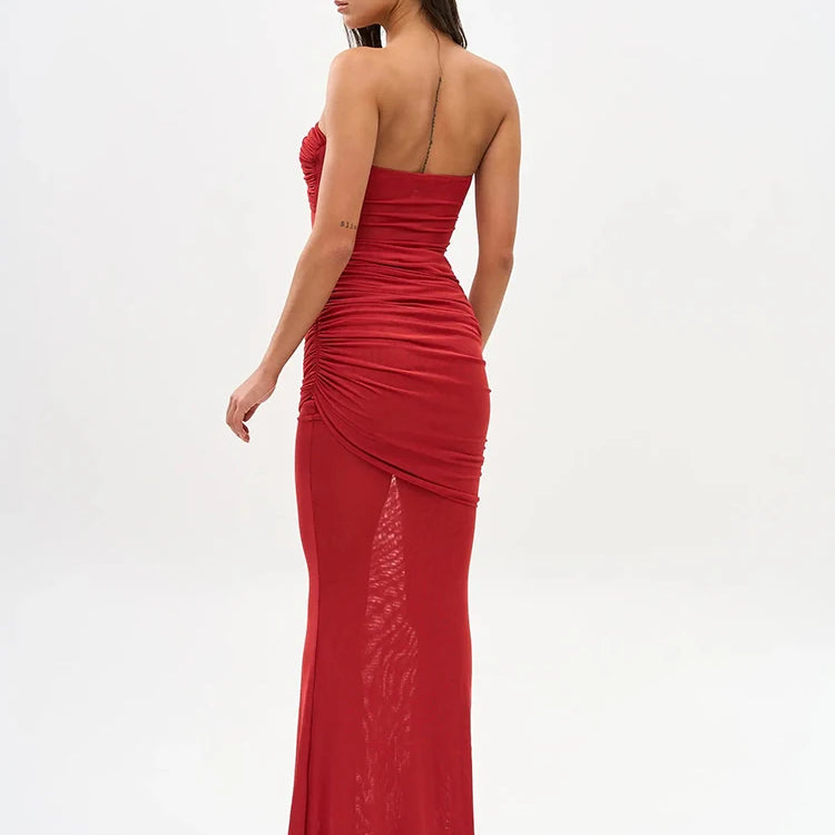 Sultry Red Sheer Mesh Strapless Backless Sleeveless Mermaid Dress Gown with Ruched Detail for Party