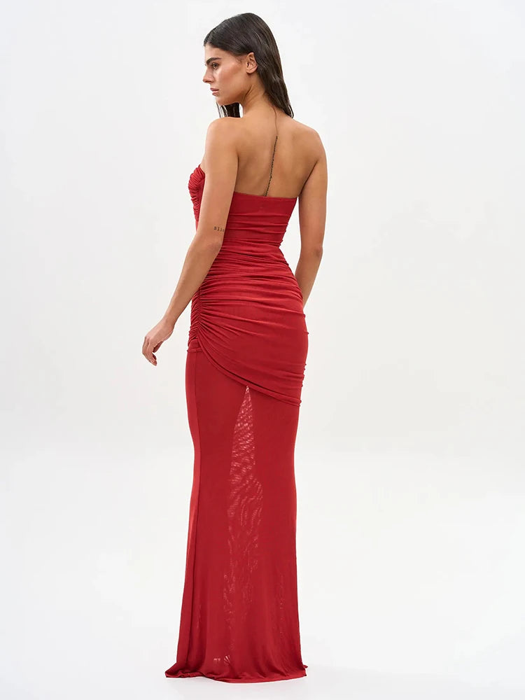 Sultry Red Sheer Mesh Strapless Backless Sleeveless Mermaid Dress Gown with Ruched Detail for Party