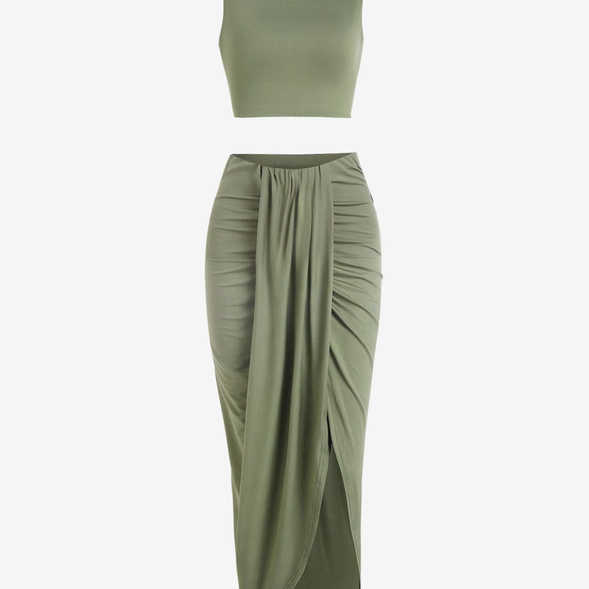 Women’s 2 Pieces Dress Set Sexy Sleeveless Crop Tank Side Slit Twist Skirt Bodycon Maxi Dresses Summer Green