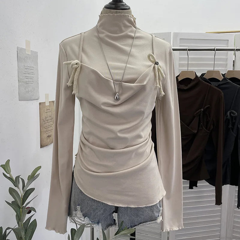 DEAT 2026 Spring New Lace-up Camisole Fake Two-piece Long Sleeve T-shirt For Women Fleece Inner Layer Base Shirt Top 11A07917 Apricot One Size