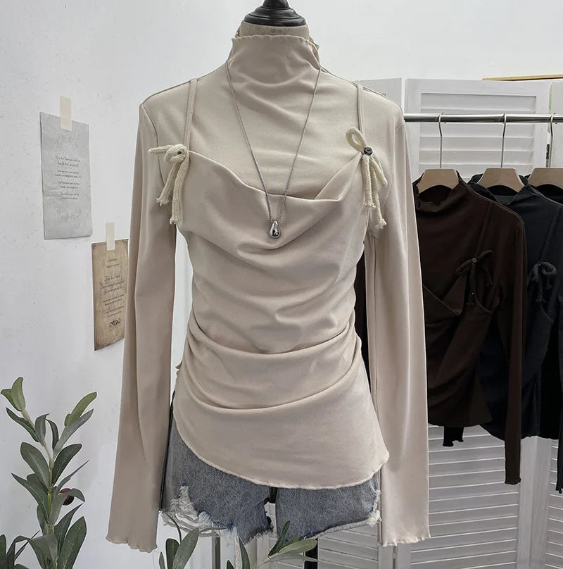 DEAT 2026 Spring New Lace-up Camisole Fake Two-piece Long Sleeve T-shirt For Women Fleece Inner Layer Base Shirt Top 11A07917 Apricot One Size