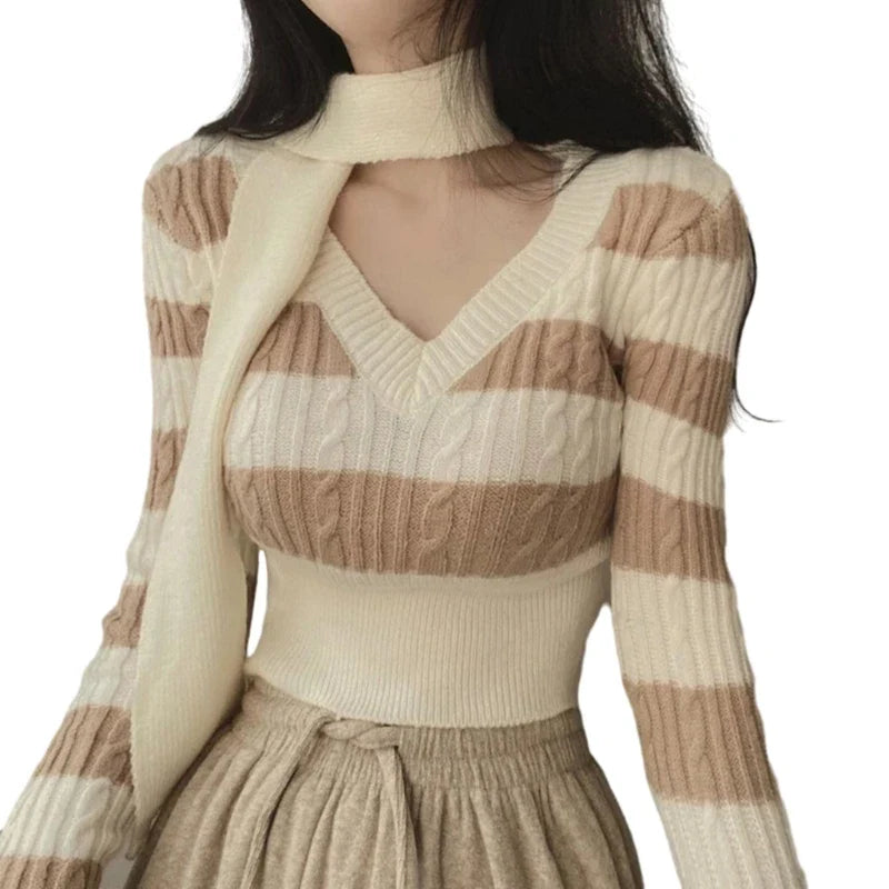 Elegant Scarf Collar and Cable Knit Long Sleeve Striped Skinny Sweater for Women apricot