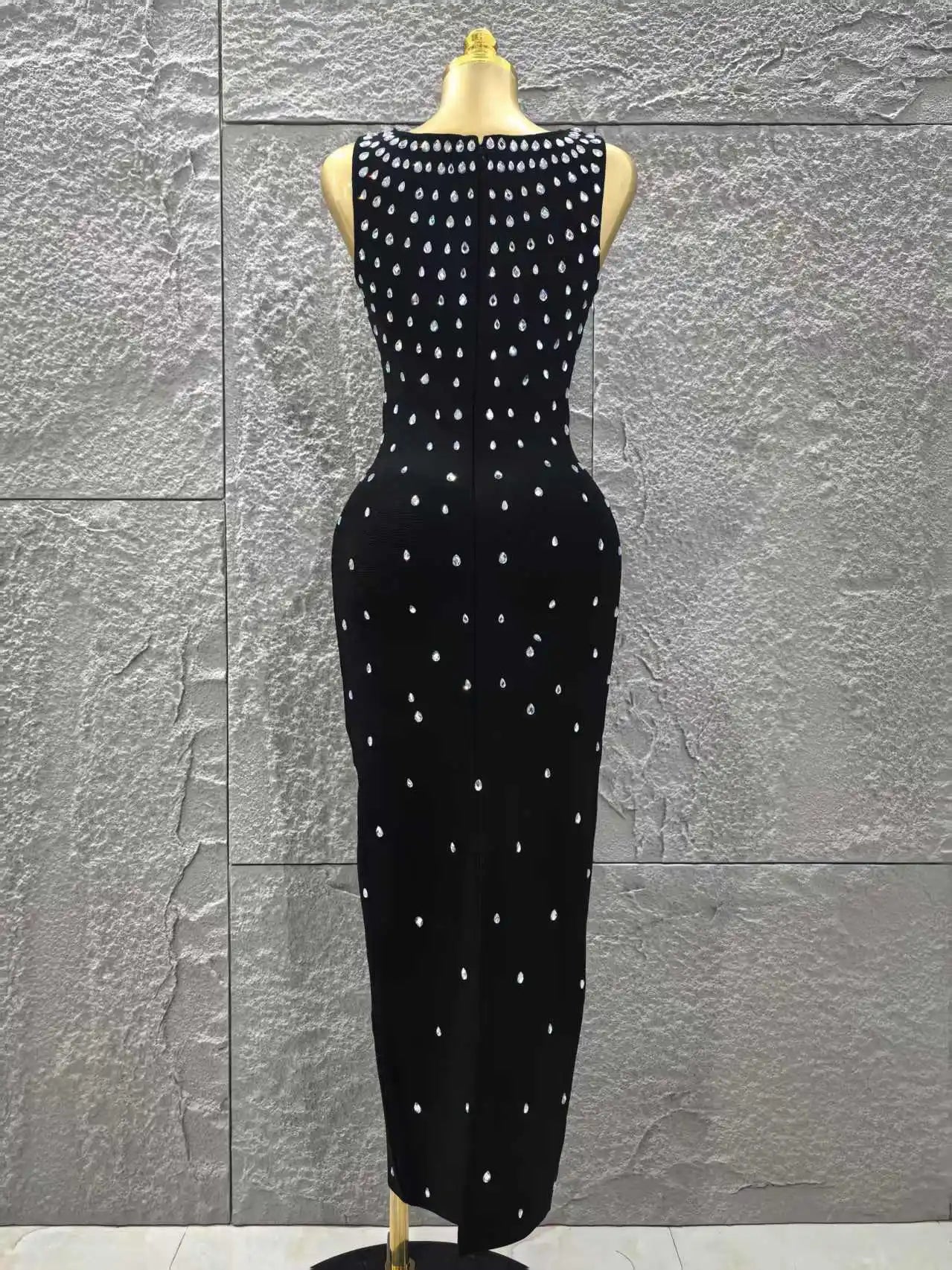 Women Sleeveless Sexy O-Neck Shinning Crystal Bodycon Long Bandage Dress Celebrity Red Carpet Evening Party Outfit