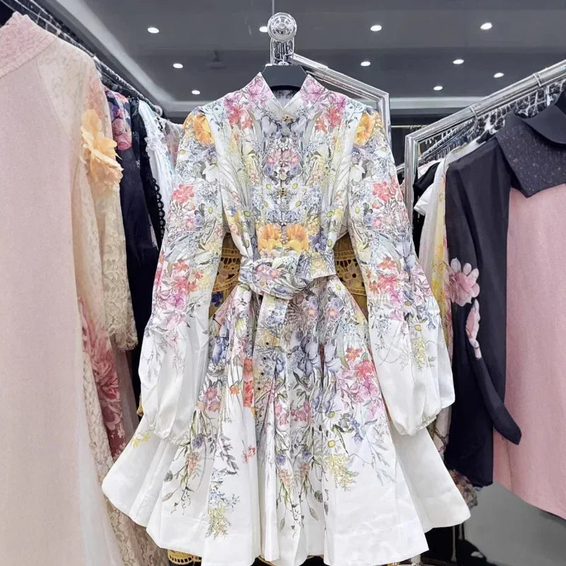 Women's Dress Floral Linen Elegant Short Dresses Casual Vacation Beach Party Dresses Woman Clothing Summer Skirt WHITE