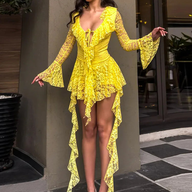 Lace Ruffled Sexy Mini Dress For Women Robe Deep V Neck Flare Long Sleeve Draped A-line Club Party Dress Vestido