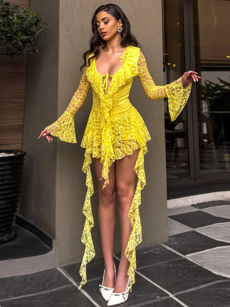 Lace Ruffled Sexy Mini Dress For Women Robe Deep V Neck Flare Long Sleeve Draped A-line Club Party Dress Vestido