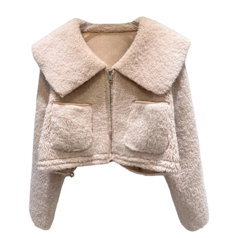 Winter New Sweet Temperament Fur Sailor Collar Fleece Short Coat For Women Versatile Zipper Warm Jacket 11A07855