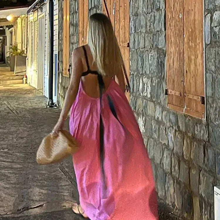 Women Fashion Color Matching Halter Maxi Dress Ladies Sexy Backless Off Shoulder Sleeveless Dresses Female party Holiday Robes