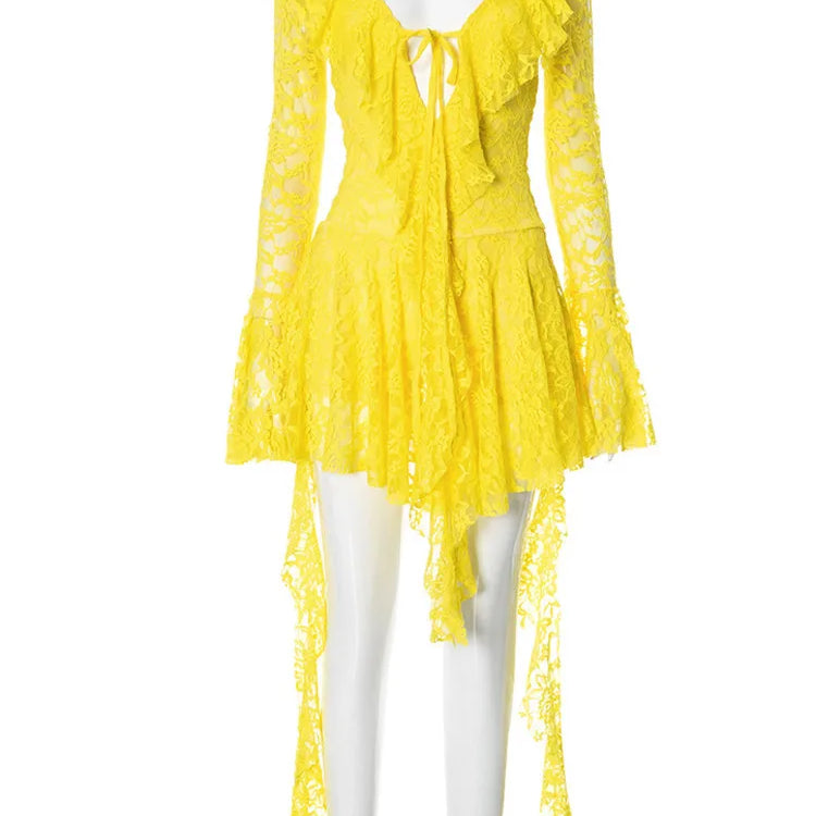 Lace Ruffled Sexy Mini Dress For Women Robe Deep V Neck Flare Long Sleeve Draped A-line Club Party Dress Vestido