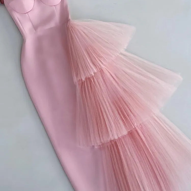 New Pink Color Women Strapless Sexy Ruffles Bodyocn Mid-calf Dress Rayon Bandage Celebrate Birthday Party Dress Wholesale