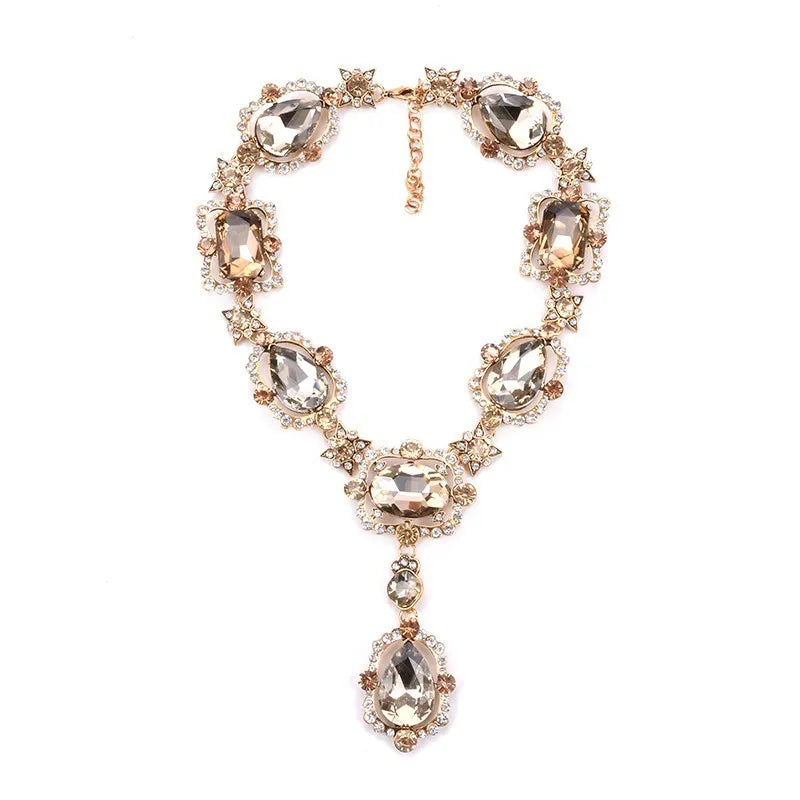 Statement Rhinestones Jewelry Large Gemstone Gem Stone Crystal Victorian Jewellery Green Emerald Bib Necklace for Women NA012-5