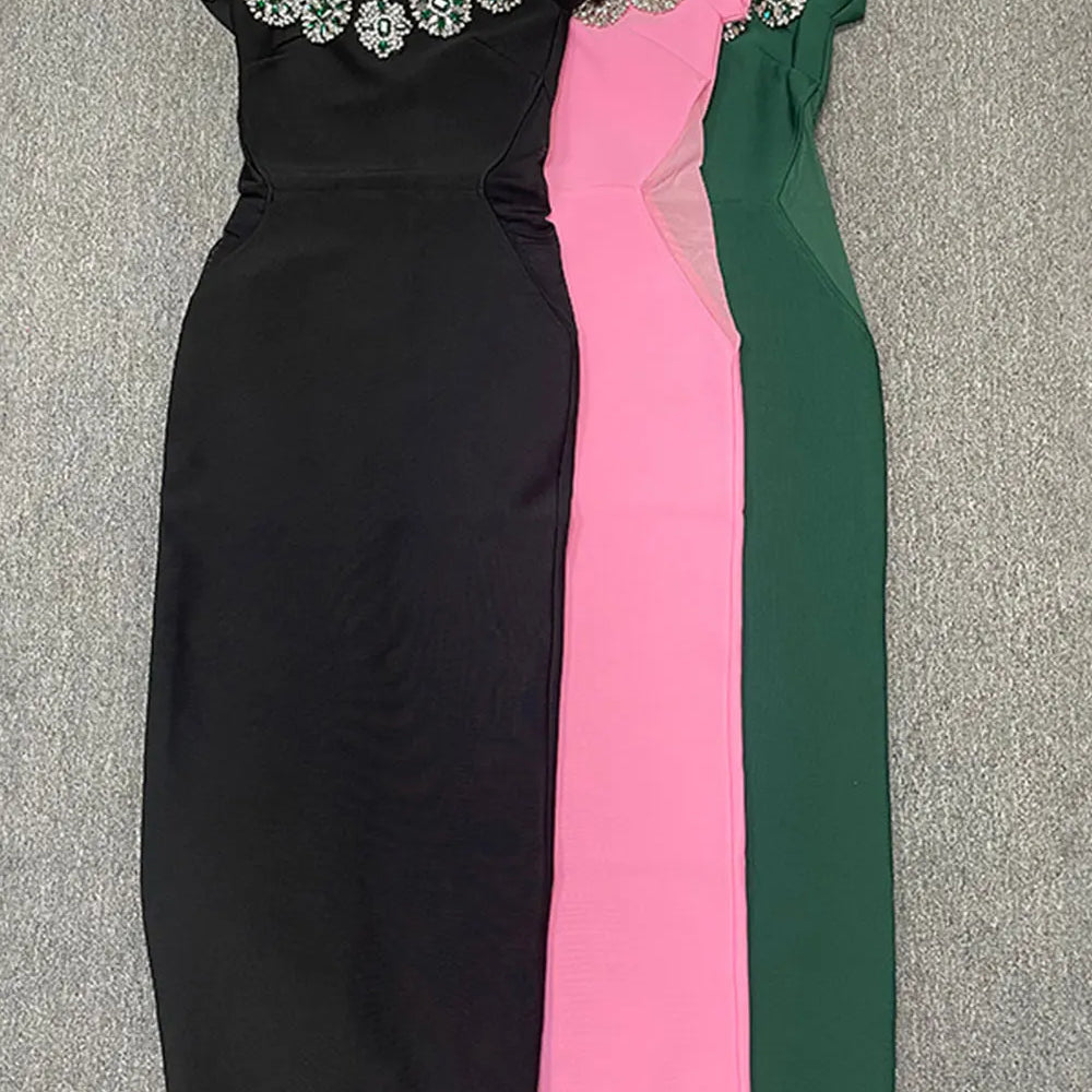 2024 Heavy Industry Beaded Women Sexy Bandage Dress Hanging Neck Style Card Shoulder Sleeve Bodycon Off Back Long Dress Vestidos
