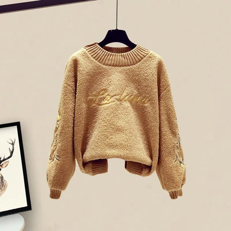 Winter Warm 3 Piece Set Suit Women Knitted Letter Pullover Sweater Sweatpants Lamb Wool Vest Tracksuit Female Outfit Outerwear Khaki