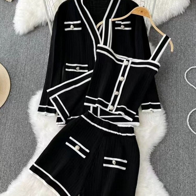 Runway Casual Long Sleeve V Neck Cardigan Coat Top + Sling Vest + Shorts Chic Knitted Vintage Female Luxury Women's 3 Piece Sets