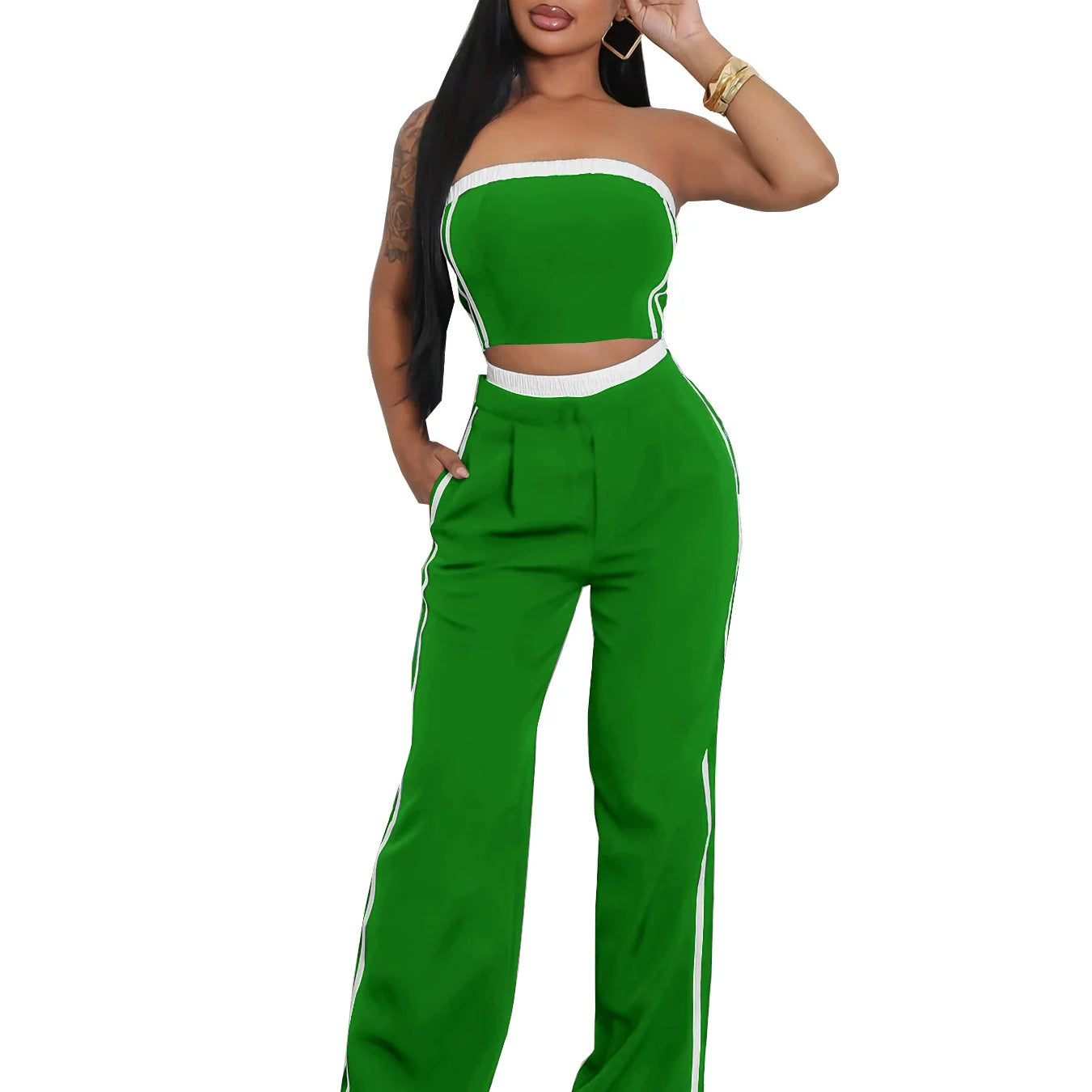 2025 Women's Set Sleeveless Ribbon Strapless Tops + Wide Leg Pants Fitness Streetwear Two 2 Piece Sets Outfits Tracksuit green