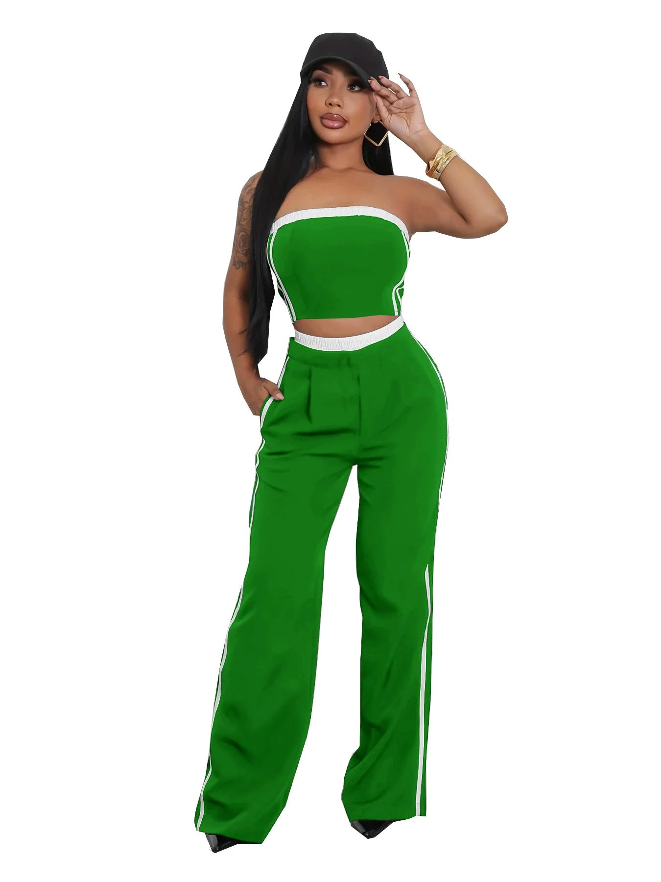 2025 Women's Set Sleeveless Ribbon Strapless Tops + Wide Leg Pants Fitness Streetwear Two 2 Piece Sets Outfits Tracksuit green