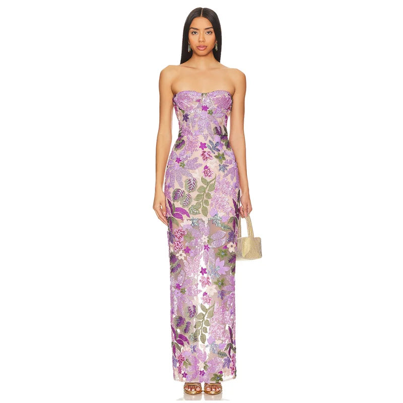 Sequin Flowers Embroidery Sexy Mesh See Through Strapless Ankle Length Dress Elegant Woman Evening Dress Celebrity Party Outfit