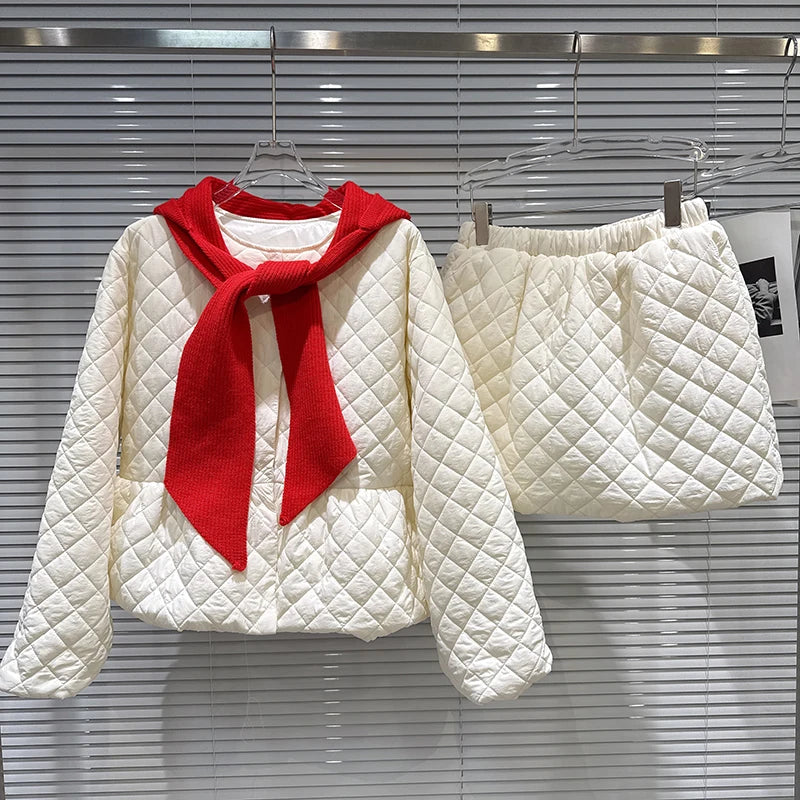 Winter New Temperament Knitted Hooded Scarf Cotton Padded Jacket Elastic Waist Short Skirt Set For Women 11A07798