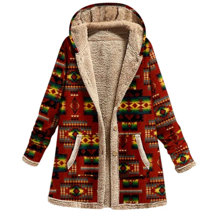 Print Casual Women Coat Vintage Hooded Overcoat Female Fashion Warm Long Sleeve Coats Ladies Plush Jacket Autumn Winter Wine Red
