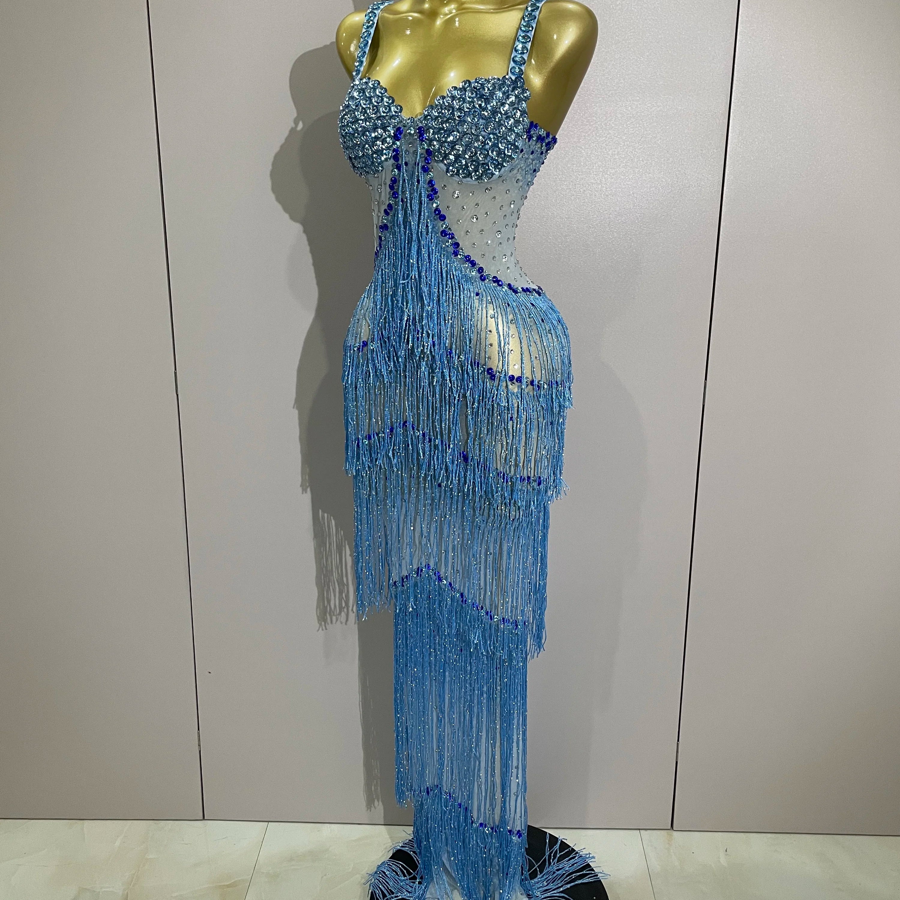 2025 Sparkly Rhinestones Tassel sexy Mesh Slip Long Dress Women Celebrate Evening Prom Birthday paty Dress Photoshoot Stage Wear