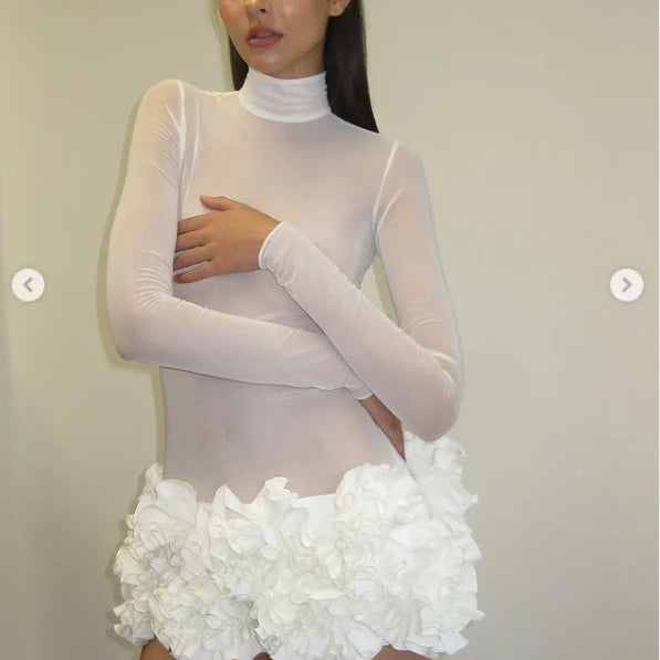 2024 New Sexy Mesh See through Stereoscopic Flowers Red Mini Evening Dress Sweet Woman Birthday Party Dress Performance costume WHITE