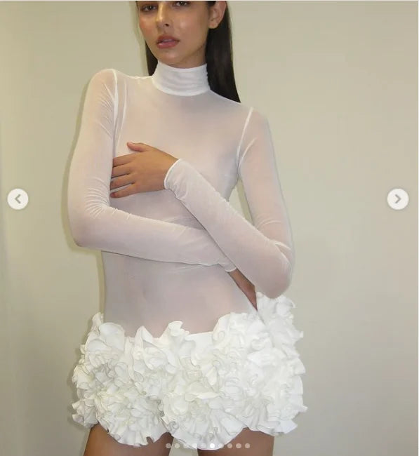 2024 New Sexy Mesh See through Stereoscopic Flowers Red Mini Evening Dress Sweet Woman Birthday Party Dress Performance costume WHITE