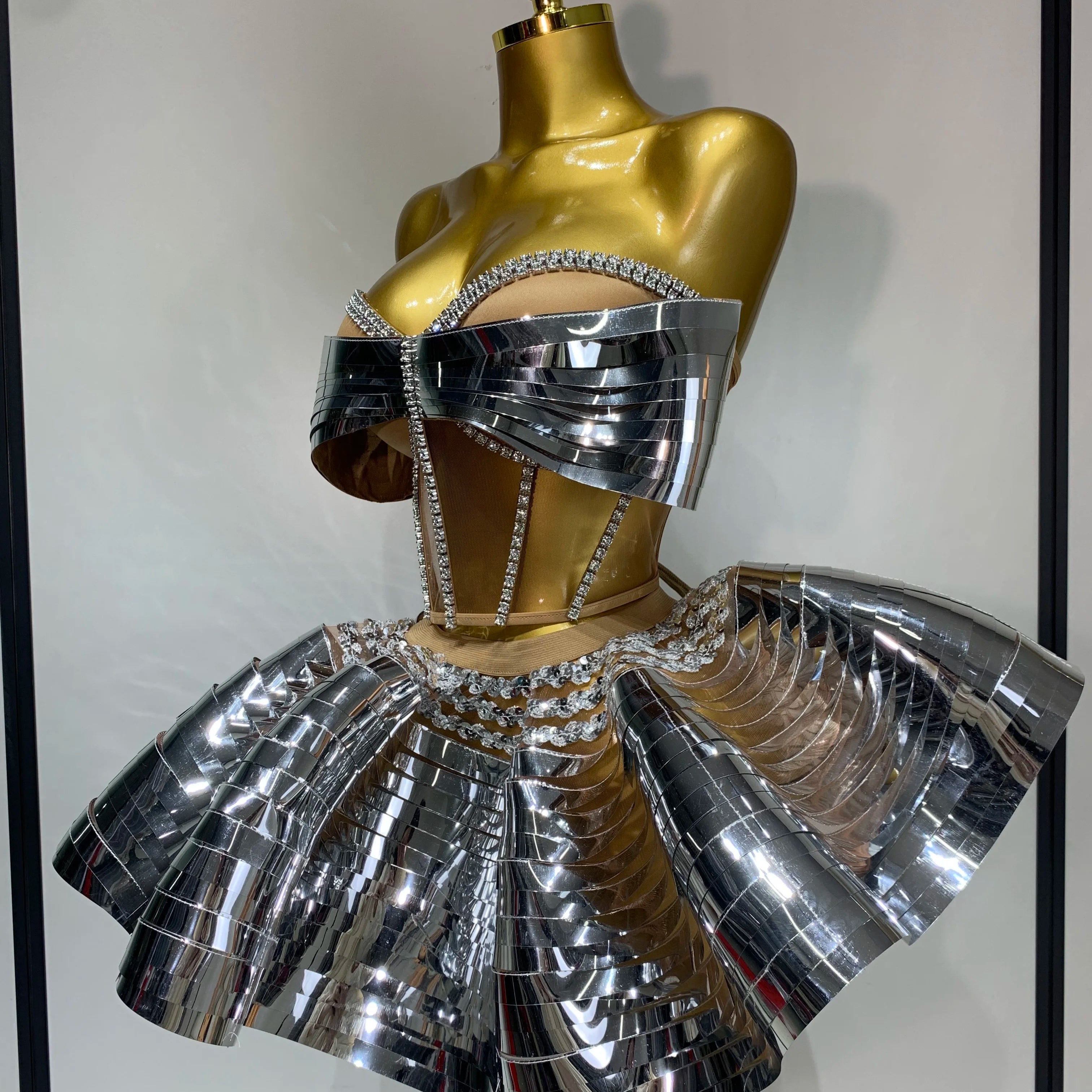 Women Stage Performance Costume Two Piece Set Silver Sequins Rhinestone Fancy Outfit Sexy Backless Shiny Birthday Party Dresses