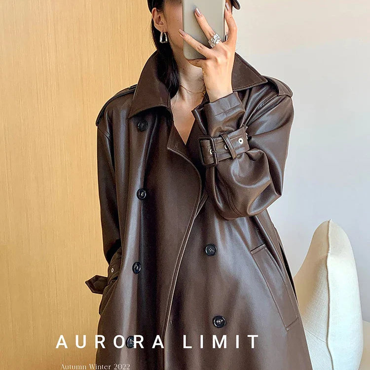 Spring Autumn Long Loose Brown Pu Leather Trench Coat for Women Belt Double Breasted American and European Fashion 2023