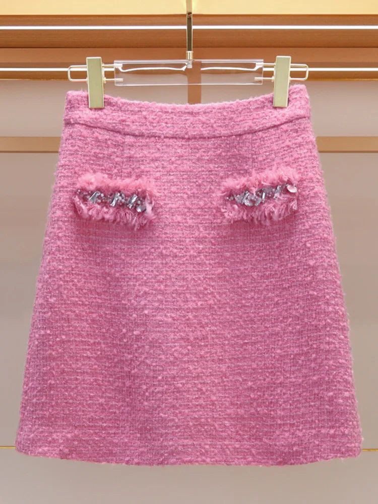 Luxury Style Fashion Diamonds Women's Tweed Woolen Jacket And Skirt Suit Elegant Autumn Winter Office Dress Set 2 Piece Outfits