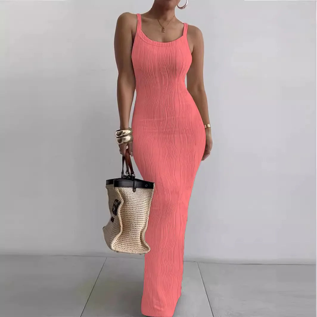 CM.YAYA Summer Women Sleeveless Strap O-neck Sexy 2024 Summer Long Evening Dress Knit Ribbon Night Club Party Maxi Dresses as picture 26