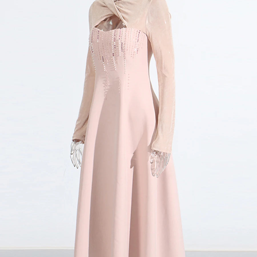 Solid Slimming Bead Elegant Dresses for Women Round Neck Long Sleeve Hollow Out Temperament Dress Female Clothing