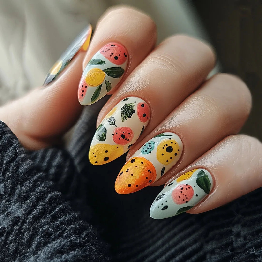 24Pcs Short Round Almond Lovely False Nails Full Cover Fresh Cartoon Fruit Pattern Designs Wearing Nails Art French Summer Nails 4