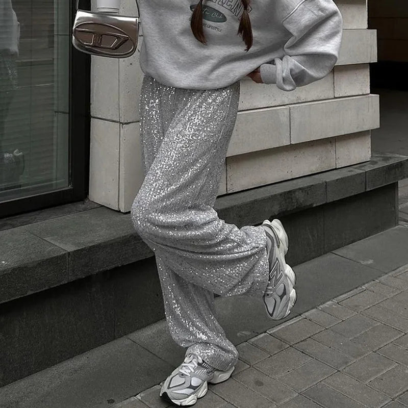 Women Pants Spring Autumn High Waist Straight Long Wide leg Sequins pants Female Casual Female Long Pants Trousers