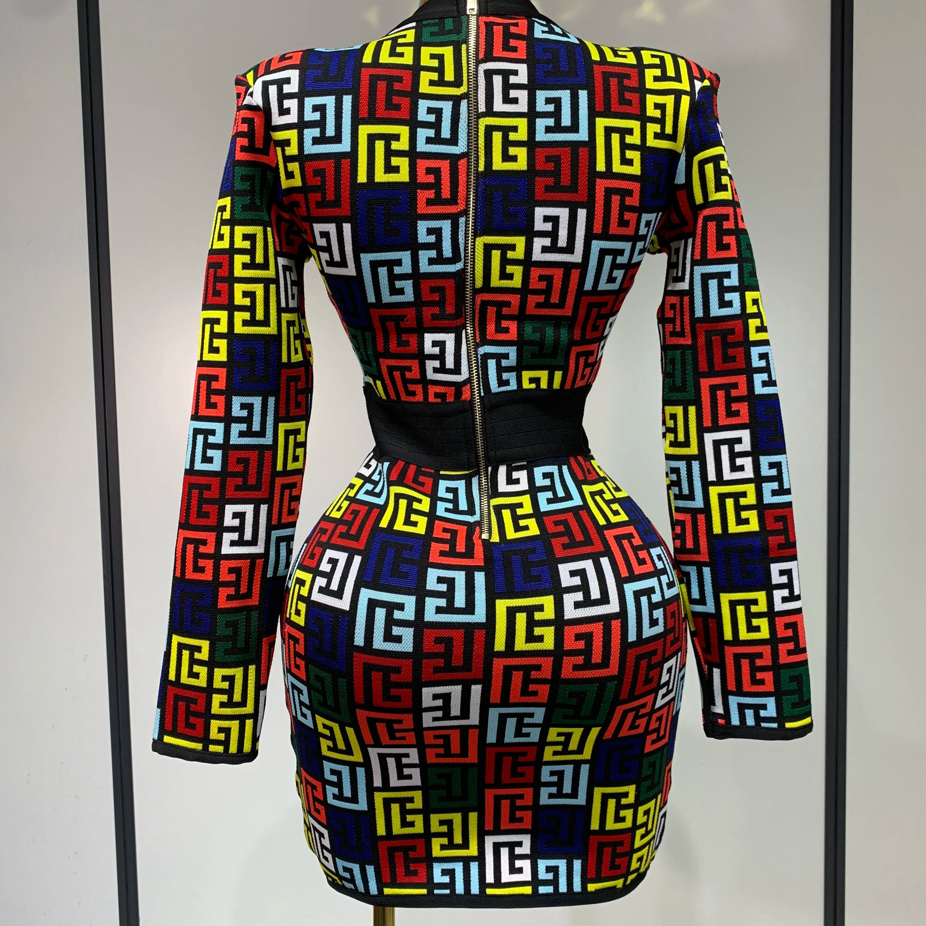 Women Long Sleeve V-Neck Bodycon Jacquard Short Bandage Dress 2025 Elegant Evening Luxury Birthday Party Cocktail Outfit