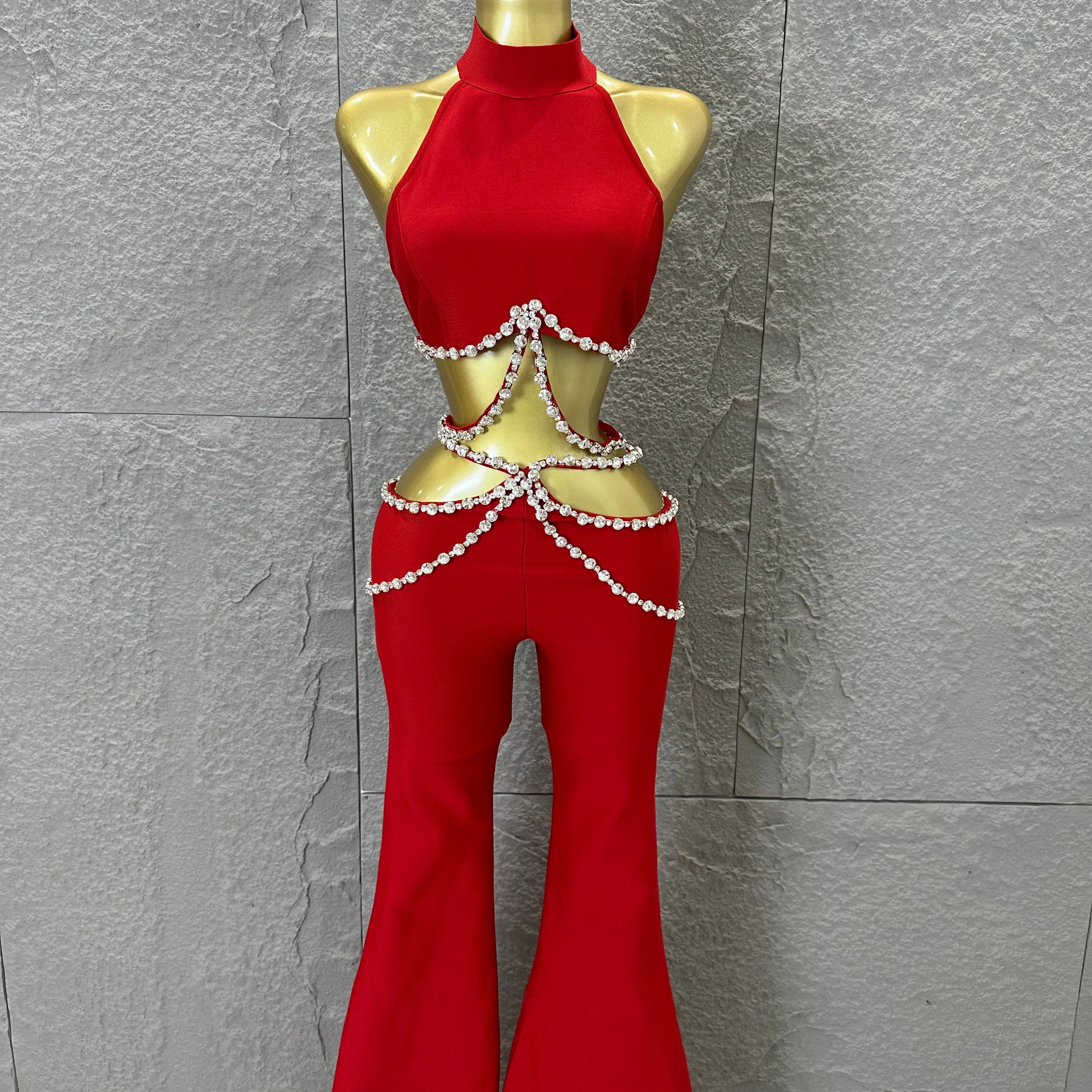 Luxurious Red Two Piece Set Women Sexy Halter Neck Crystal Cutout Crop Top Flare Pants Outfit Stage Performance Costume Red